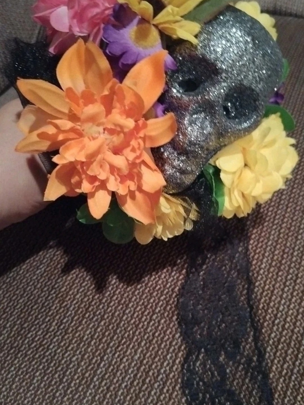 Day Of The Dead, Halloween Bouquet Flowers Glitter Skull Black Lace